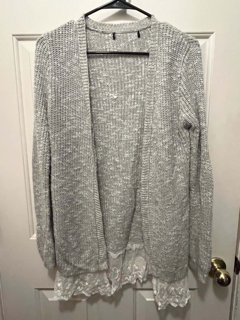 Sugar Rush Girls Gray Marled Open Front Cardigan with Lace Hem
